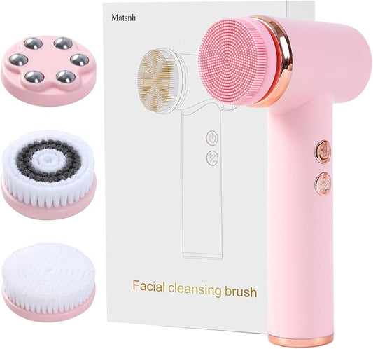 4 in 1 Facial Cleansing Brush, Multi Function Electrical Face Wash, Brush IPX6 Waterproof Portable Face Scrubber, 5 Speed Adjustable, 2 Rotation Directions Adjustable, Gift for Women Men (Pink)
