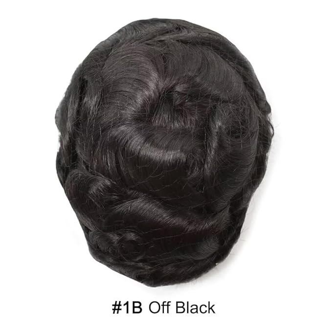 FACE MIRACLE Toupee for Men French Lace Hairpiece Human Hair Replacement System Skin PU Mens Toupee V-Looped Front Hair Piece 6"X8" #1B Off Black-120% medium light to medium density