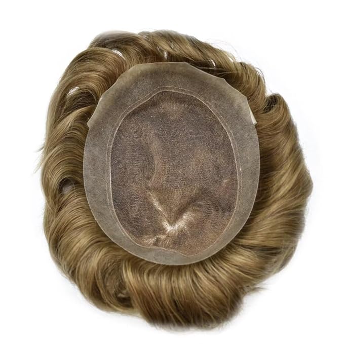 FACE MIRACLE Toupee for Men French Lace Hairpiece Human Hair Replacement System Skin PU Mens Toupee Hair Wigs for Man V-Looped Front Hair Prosthesis 6"X9" 7# VERY LIGHT BROWN