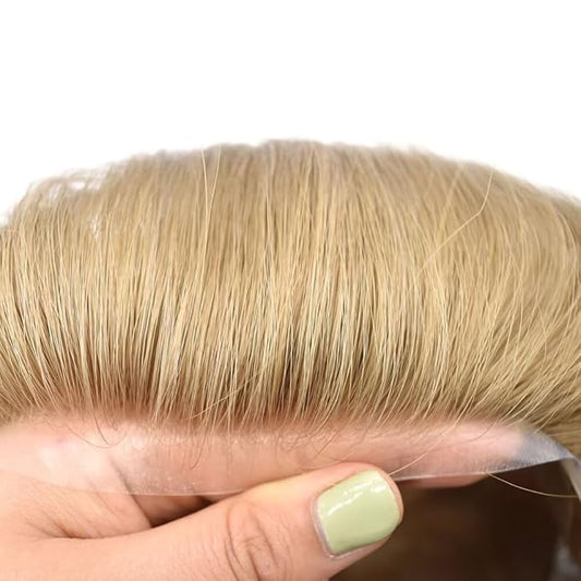 FACE MIRACLE Lace Front Mens Toupee Human Hair System Swiss Lace Center Toupee for Men Thin Skin PU Around Hair Replacement System V-Looped Mens Hair Wig Units 7"X9" #20 light ash blonde