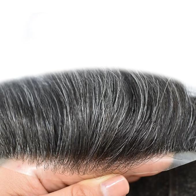 FACE MIRACLE Toupee for Men French Lace Hairpiece Human Hair Replacement System Skin PU Mens Toupee V-Looped Front Hair Piece 6"X8" #1B30 1B# OFF BLACK WITH 30% SYNTHETIC GREY-80% Light Density