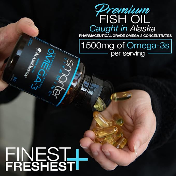 (5 Pack) Smarter Omega 3 Fish Oil, Berry Flavor, Burpless, Tasteless, 2000mg, Potent Triple Strength DHA EPA Brain Omega-3, Made with AlaskOmega®