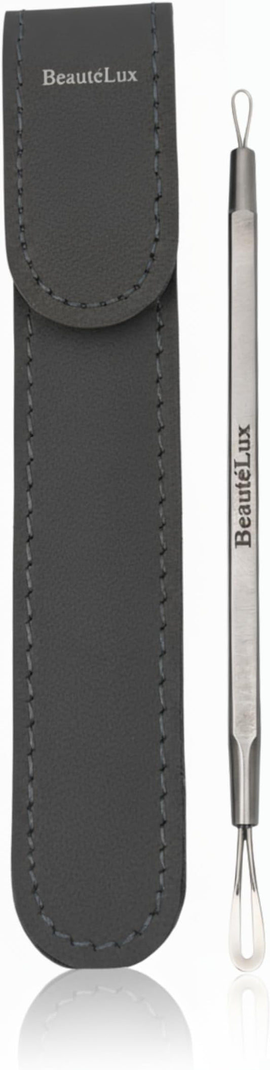 Blackhead Removal Tool, 2-in-1 Acne Extractor Tool - Stainless Steel Blackhead/Whitehead Remover for Face/Nose, Grey Leather Pouch