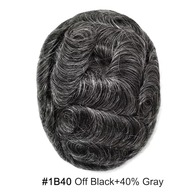 FACE MIRACLE Toupee for Men French Lace Hairpiece Human Hair Replacement System Skin PU Mens Toupee V-Looped Front Hair Piece 6"X8" #1B40 1B# OFF BLACK WITH 40% SYNTHETIC GREY-80% Light Density