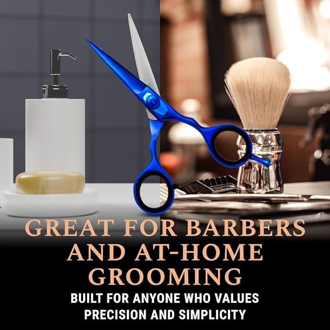 Ontaki Japanese Steel Beard & Hair Scissors - Safe Rounded Tips & Mustache Comb - Ergonomic Grip Beard Scissors for Men - Professional Craftsmanship Barber Shears - Midnight Blue, 5.5"