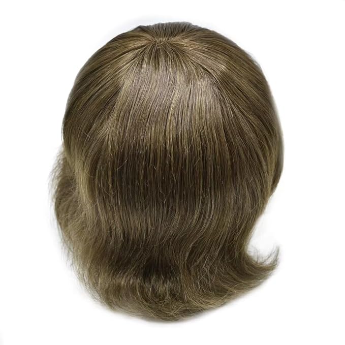 FACE MIRACLE Lace Front Mens Toupee Human Hair System Swiss Lace Center Toupee for Men Thin Skin PU Around Hair Replacement System V-Looped Mens Hair Wig Units 7"X9" #420 Medium Brown with 20% Gray