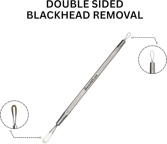 Blackhead Removal Tool, 2-in-1 Acne Extractor Tool - Stainless Steel Blackhead/Whitehead Remover for Face/Nose, Grey Leather Pouch