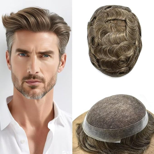 FACE MIRACLE Hair System for Men French Lace Mens Toupee Human Hair Replacement System Lace with PU Toupee for Men Male Hair Piece Wigs 6"X9" #740 7# VERY LIGHT BROWN WITH 40% SYNTHETIC GREY