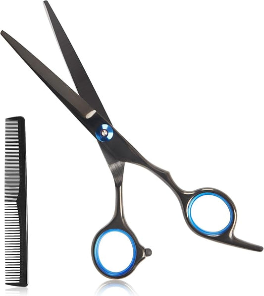 Hair Cutting Scissors,6.5 Inch Professional Stainless Steel Barber Haircut Shears Razor,Sharp Blades,One Comb Included, For Salon Home Men Women Adults Kids Pet (Black)