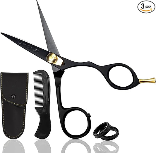 Ontaki Japanese Steel Beard Scissors for Men - 5.5" Ergonomic Black, Right-Handed - Scissors & Comb Travel Set, Beard Grooming Kit with Mustache Comb & Carry Pouch, Blunt-Tip Facial Hair Shears