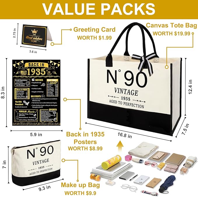 90th Birthday Gifts for Women Canvas Tote Bag Travel Gear, Unique 90 Years Old Gifts for Wife Sister Mom Aunt Friends Her, Vintage N°90 Handbag & Cosmetic Bag & Back in 1935 Poster