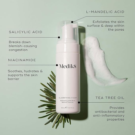 Medik8 Clarifying Foam - Lightweight Exfoliating AHA and BHA Face Cleanser - Salicylic Acid and Nicacinamide - Gentle Foaming Facial Cleanser - 5 oz