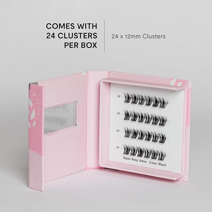 Silly George Single-Size Pop-On Lashes - DIY 1-Step Pre-Glued Faux Eyelash Cluster Kit, Natural Look Extensions, Pack of 24 Individual Clusters, Black - Rosy, 12mm