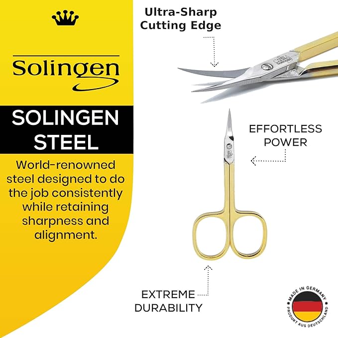 CS04 Professional Nail Cuticle Scissors, Hypoallergenic Gold Plated Sharp Curved Manicure Pedicure Grooming for Finger and Toe Nail Care. Made of Stainless Steel in Solingen, Germany