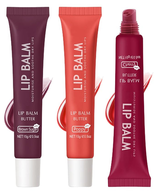 Butter Tinted Lip Balm-3 Colors Vanilla Beige Brown Poppy Pink Sugar Lip Gloss,Yummy Lip Stain Long Lasting, Hydrating Non-Stick Glow Reviver Lip Care Oil, Christmas Makeup Gift for Women-Set B