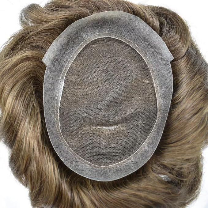 FACE MIRACLE Lace Front Mens Toupee Human Hair System Swiss Lace Center Toupee for Men Thin Skin PU Around Hair Replacement System V-Looped Mens Hair Wig Units 7"X9" #420 Medium Brown with 20% Gray