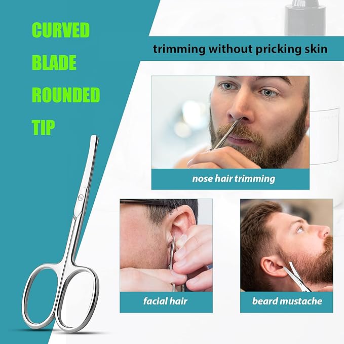 Facial Hair Small Grooming Scissors For Men Women - Eyebrow, Nose Hair, Mustache, Beard, Eyelashes, Ear Trimming Kit - Curved and Rounded Safety Tip Clippers For Hair Cutting 2PCS With Cover Sliver