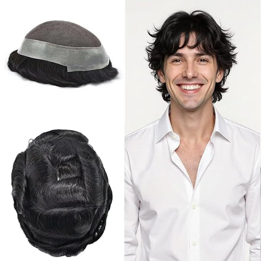 FACE MIRACLE Toupee for Men French Lace Hairpiece Human Hair Replacement System Skin PU Mens Toupee Hair Wigs for Man V-Looped Front Hair Prosthesis 6"X9" 1#JET BLACK