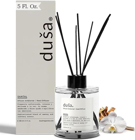 Duša Santal Reed Diffuser & Sticks - 5 Fl Oz Essential Home Fragrance Decor for Bathroom, Office & Living Spaces – Stylish & Long-Lasting Room Air Freshener -Ideal for Housewarming & Special Occasions