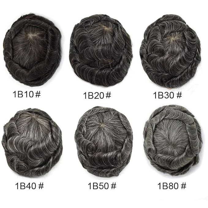 Toupee for Men French Lace Center Human Hair Replacement Systems Transparent Lace Center Hair Piece Mens Toupee Hair Units for Man V-Looped Front 8"X10" #340 3# DARK BROWN WITH 40% SYNTHETIC GREY