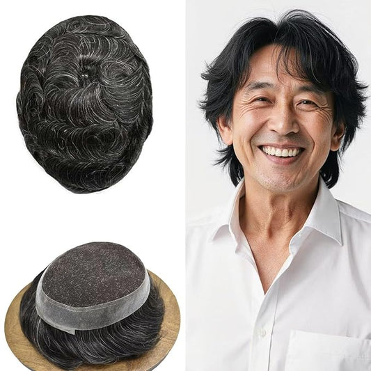 FACE MIRACLE Toupee for Men French Lace Hairpiece Human Hair Replacement System Skin PU Mens Toupee V-Looped Front Hair Piece 6X9#1B10 1B# OFF BLACK WITH 10% SYNTHETIC GREY-80% Light Density