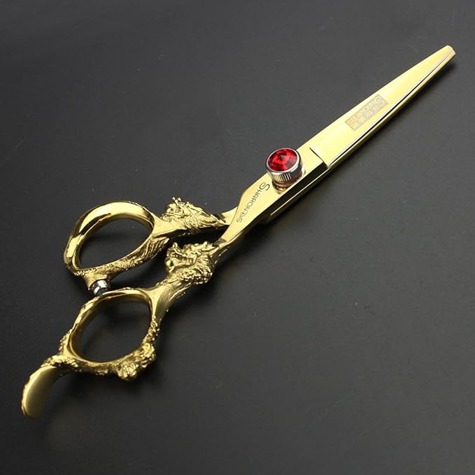 (Four colors) professional hairdresser scissors 6 inch 440c high hardness salon hairdresser hairstyle cutting and thinning hair trimmer (Gold Cutting Scissors)