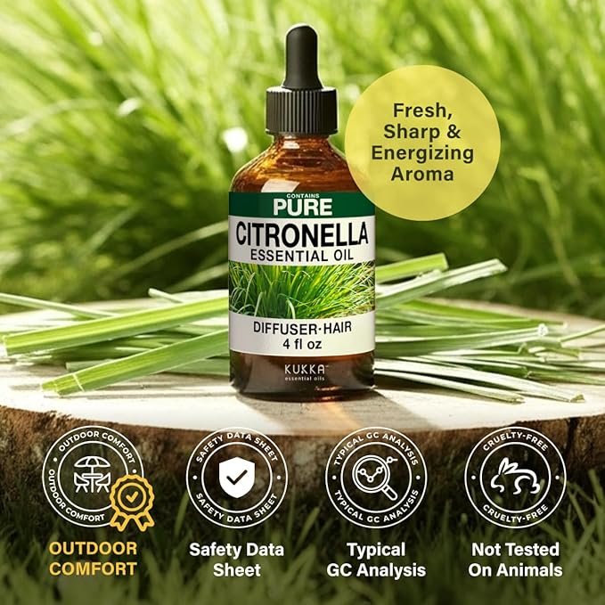 KUKKA Citronella Essential Oils - 4 Fl Oz - for Hair, Skin, Diffuser, Aromatherapy & DIY Soap Making Scent