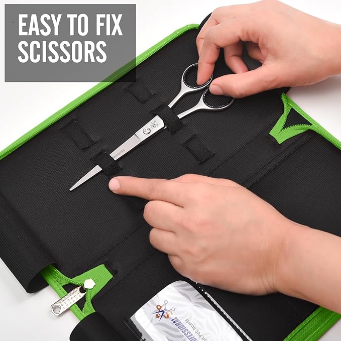 Leather 5 Scissor & Shear Storage Case for Hairstylist - Hairdresser -Scissor Holder Perfect for home-saloon use (Green)