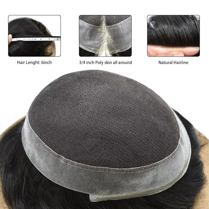 FACE MIRACLE Toupee for Men French Lace Hairpiece Human Hair Replacement System Skin PU Mens Toupee V-Looped Front Hair Piece 6"X8" #1B Off Black-120% medium light to medium density