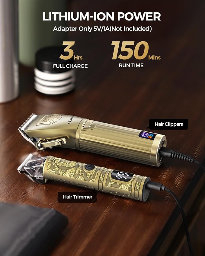 GLAKER Hair Clippers for Men,Professional Mens Hair Clippers Cordless Clippers for Hair Cutting,Precision Trimmer Kit Zero Gap Trimmer with LED Display 15 Guide Combs (Gold)