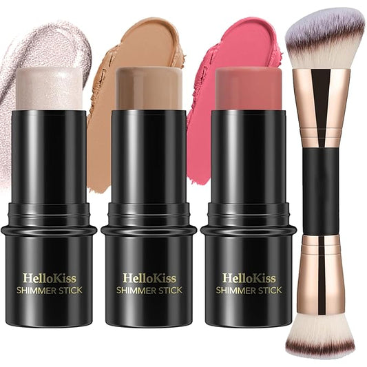 3 Pcs Cream Contour Stick Makeup Kit, Shades with Highlighter, Blush and Bronzer Contour Stick for Sculpt the Cheeks, Waterproof, Matte & Dewy Finish (Neutral,#01+#09+#12)