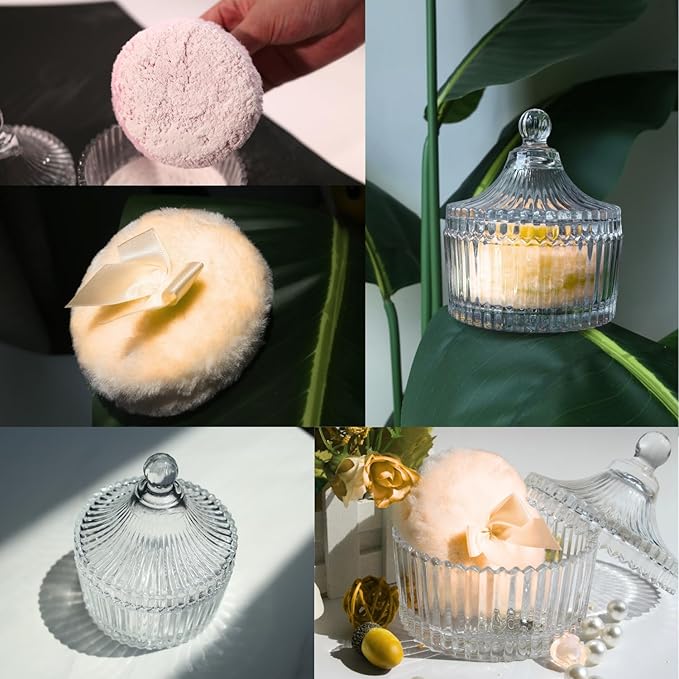 2 Pcs Large Body Powder Puff and Container Powder Container with Puff Powder Puff Crystal Container Soft Washable Reusable Velour Face Body Glitter Powder Puff Wet Dry Makeup (Colorful Simple)