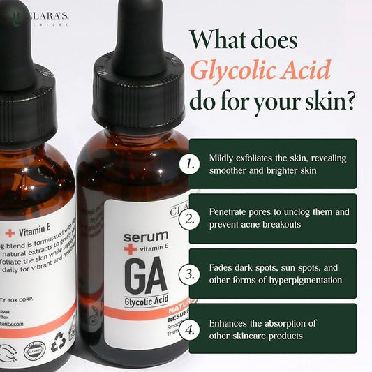 CLARA'S NEW YORK Glycolic Acid Facial Serum with Vitamin E for Exfoliating Smoothing Glowing Face Skin - Made in USA 30ml (1Fl/Oz) (Glycolic Acid)
