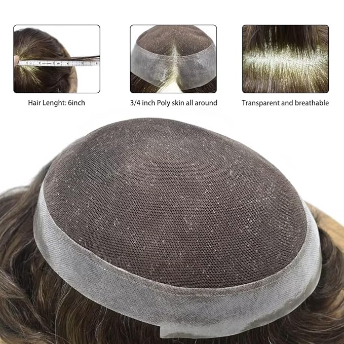 FACE MIRACLE Toupee for Men French Lace Hairpiece Human Hair Replacement System Skin PU Mens Toupee Hair Wigs for Man V-Looped Front Hair Prosthesis 6"X9" #310 Dark Brown with 10% Gray