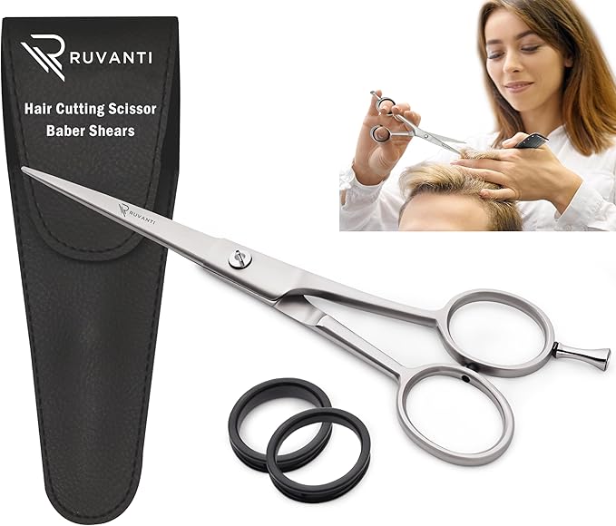 Ruvanti Hair Cutting Scissors - Professional Barber Shears For Salon & Home Use, Sharp Durable Stainless Steel Blades, Comfortable Grip Handles, Includes Case - Tijeras De Peluquería Profesional