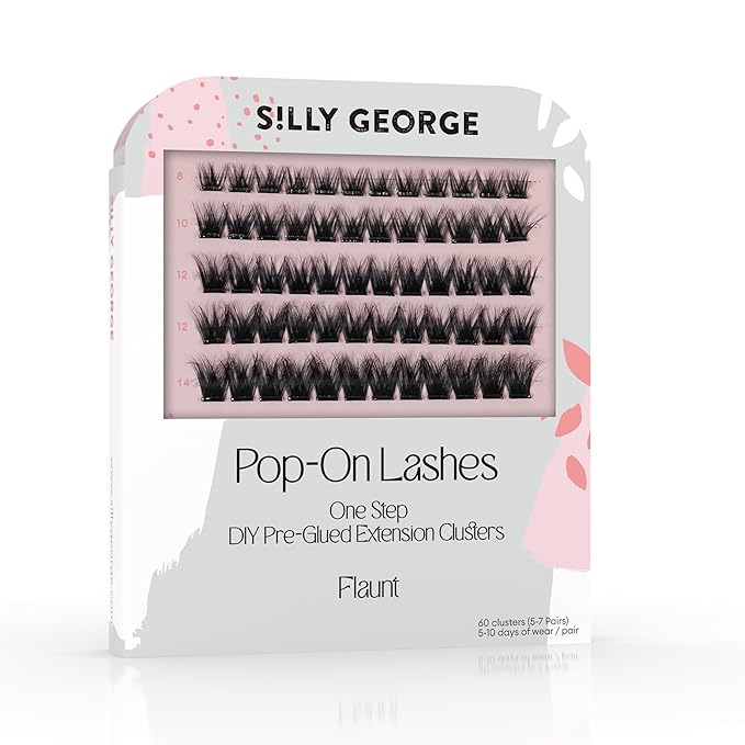 Silly George Pop-On Lashes - DIY 1-Step Pre-Glued Faux Eyelash Clusters, Natural Look Extensions, Black - Flaunt, 5-7 Pair Set, Pack of 60 Clusters