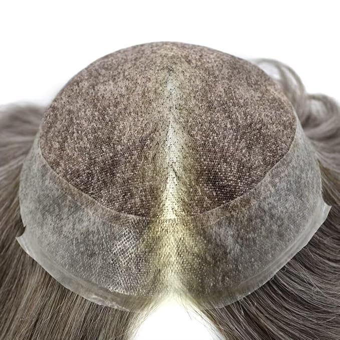 Mens Toupee Human Hair Piece French Lace Toupee for Man Hair System Indian Human Hair Replacement Systems V-Looped PU Front Hairpieces 7"X9" #365 Dark Brown with 65% Gray