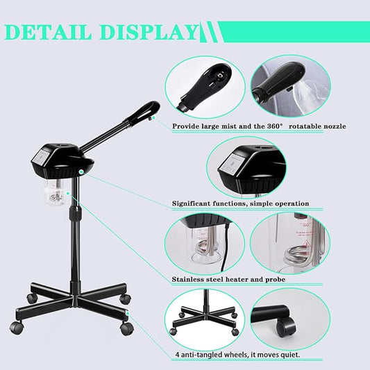 Professional Facial Steamer, Facial Steamer on Wheels with Timer Function, Ozone Face Steamer for Spa, Salon and at Home Use
