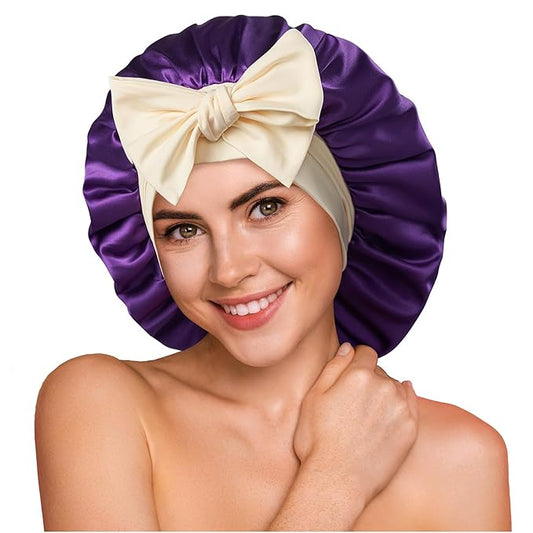 YFONG 100% 22 Momme Mulberry Silk Bonnet for Sleeping Women, Larger Double Layer Silk Hair Wrap for Curly Short Long Hair, Non-Slip Sleep Cap Turban with Elastic Tie Band (Purple & Yellow)