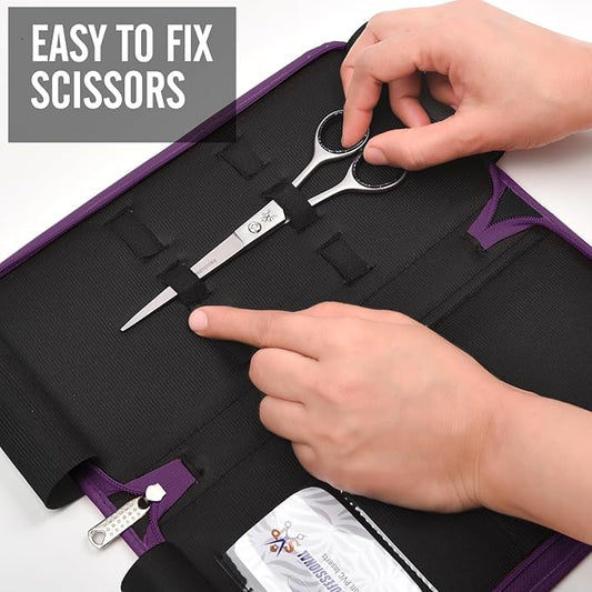 Leather 5 Scissor & Shear Storage Case for Hairstylist - Hairdresser -Scissor Holder Perfect for home-saloon use (Purple)