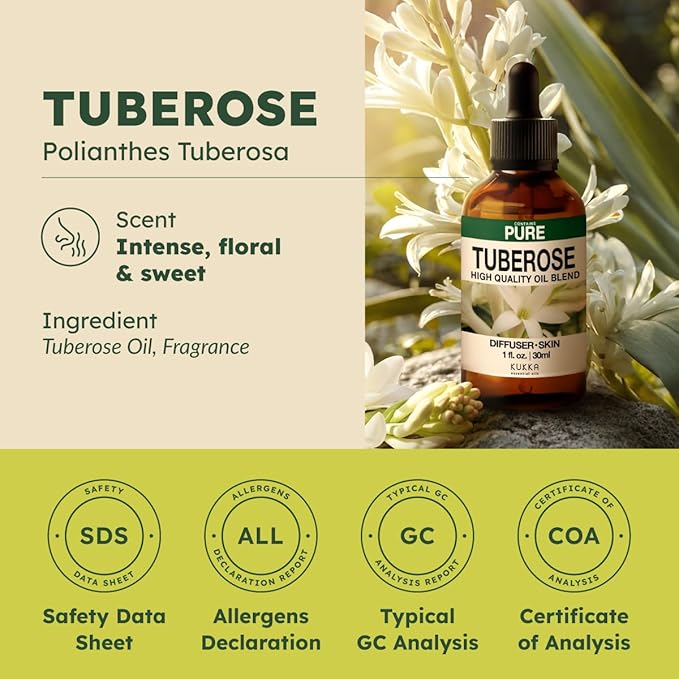 KUKKA Tuberose Essential Oils - 1 Fl Oz - for Hair, Skin, Diffuser, Aromatherapy & DIY Soap Making Scent