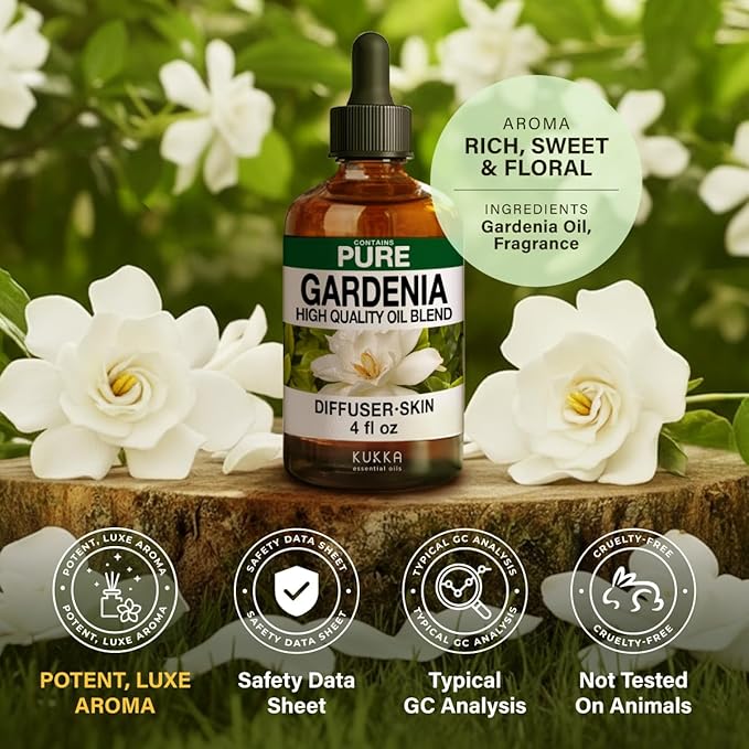 KUKKA Gardenia Essential Oils - 4 Fl Oz - for Hair, Skin, Diffuser, Aromatherapy & DIY Soap Making Scent