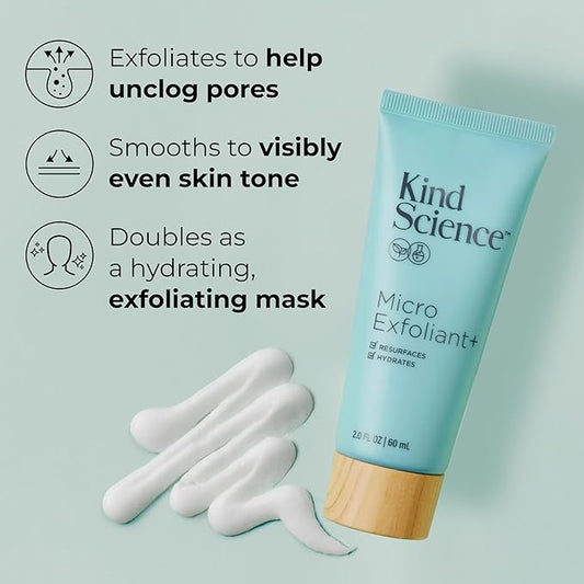 Kind Science Micro Exfoliant Face Scrub - 2-in-1 Exfoliating Face Wash + Facial Mask with AHA to Smooth & Hydrate Skin - Paraben & Fragrance Free, Cruelty Free, 2 oz