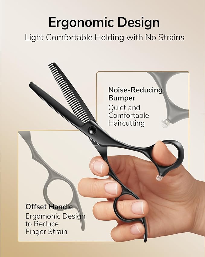 ULG Hair Cutting Scissors Set 2-Pack Haircut Shears and Hair Thinning Scissors Ergonomic Handle Lightweight Hairdressing Shears for Home and Salon Use, Matte Black