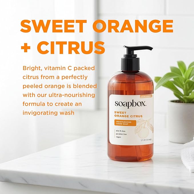 Soapbox Liquid Hand Soap, Sweet Orange Citrus - Gentle, Moisturizing Hand Cleanser, Aromatic & Soothing, Vegan & Cruelty Free Hand Wash for Kitchen and Bathroom, 12oz Pump Bottles (Pack of 3)