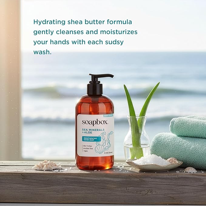 Soapbox Liquid Hand Soap, Sea Minerals & Aloe - Gentle & Moisturizing Hand Wash for Kitchen and Bathroom, Vegan & Cruelty Free Scented Hand Soap 12 Ounce Pump Bottles (Pack of 3)