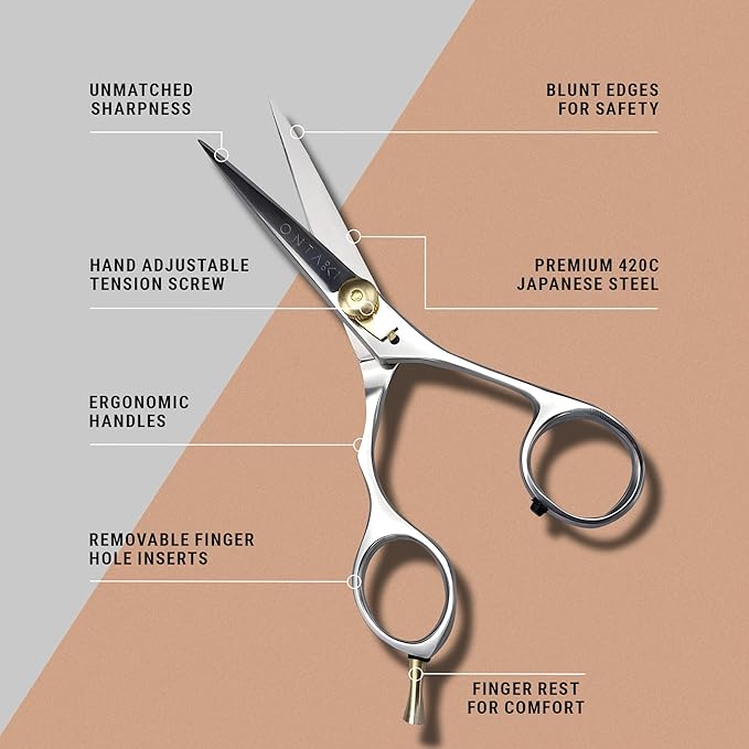 Ontaki 5.5-Inch Japanese Mustache & Beard Scissors - Left-Handed Silver 420C Steel - Hand-Forged & Left-Handed Beard Shears - Ergonomic & Hair Scissors - Comb & Pouch & Barber Shears for Facial Hair