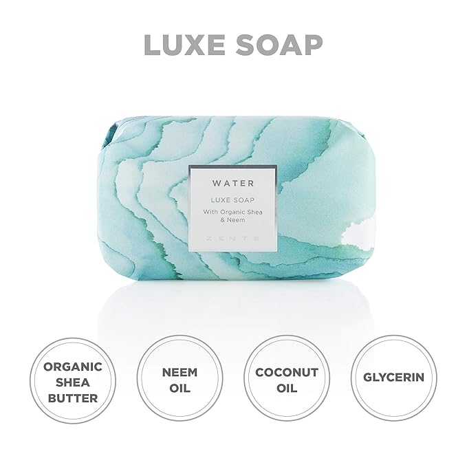 Zents Triple-Milled Luxe Bar Soap (Water Fragrance) | Moisturizing Soap with Organic Shea Butter | Gentle Hand & Body Wash | Nourishes & Softens Skin | 5.7 oz