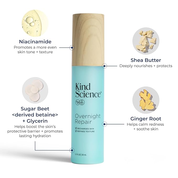 Kind Science Overnight Repair Night Moisturizer for Face - Night Cream for Women Anti Aging to Re-Energize & Hydrate Look of Tired Skin with Niacinamide & Shea Butter - Fragrance Free, Cruelty Free
