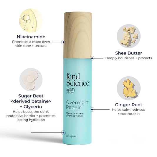 Kind Science Overnight Repair Night Moisturizer for Face - Night Cream for Women Anti Aging to Re-Energize & Hydrate Look of Tired Skin with Niacinamide & Shea Butter - Fragrance Free, Cruelty Free